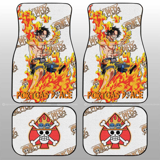 One Piece Car Mat Portgas D Ace Flaming Graphic Jolly Roger Symbol Car Floor Mats White Orange