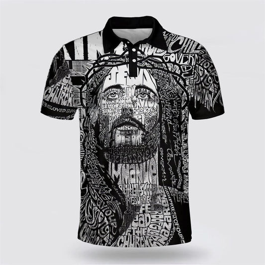 Jesus Polo Shirt Potrait Jesus Text Font Pattern Polo Tees Black