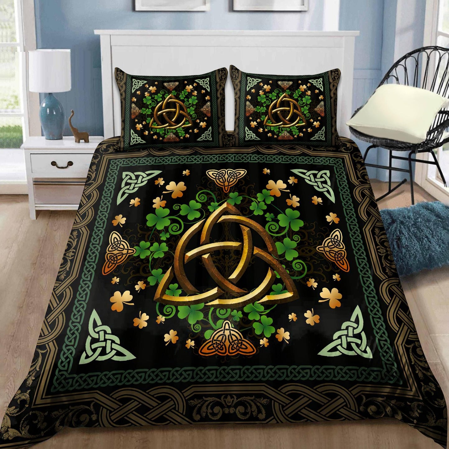 St Patrick Day Bedding Set Irish Celtic Shamrock Clover Pattern Duvet Covers Black Green Unique Gift