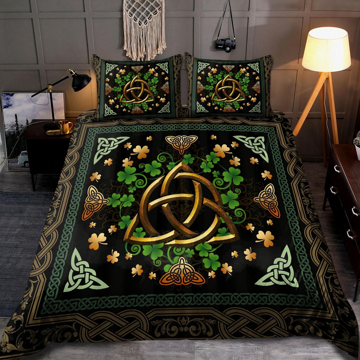 St Patrick Day Bedding Set Irish Celtic Shamrock Clover Pattern Duvet Covers Black Green Unique Gift