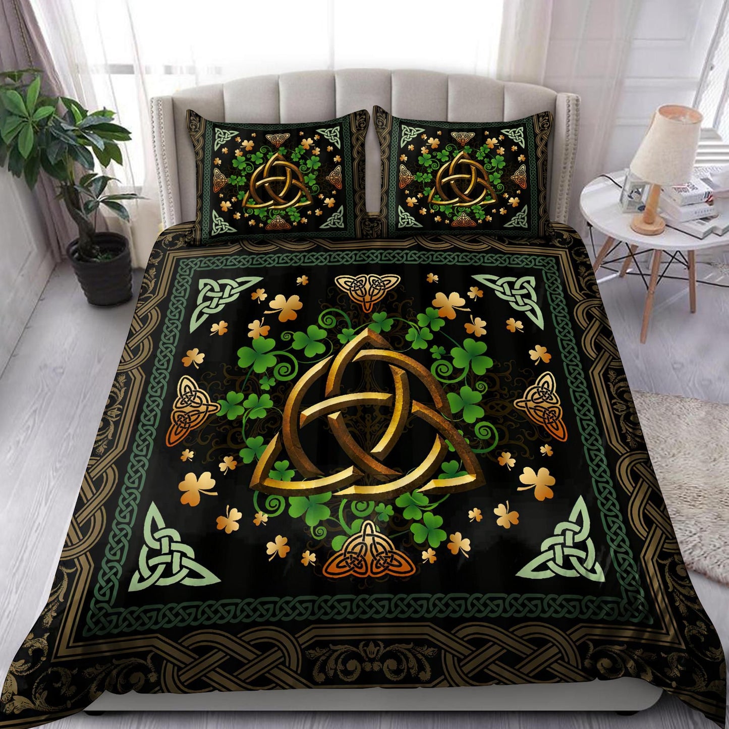 St Patrick Day Bedding Set Irish Celtic Shamrock Clover Pattern Duvet Covers Black Green Unique Gift