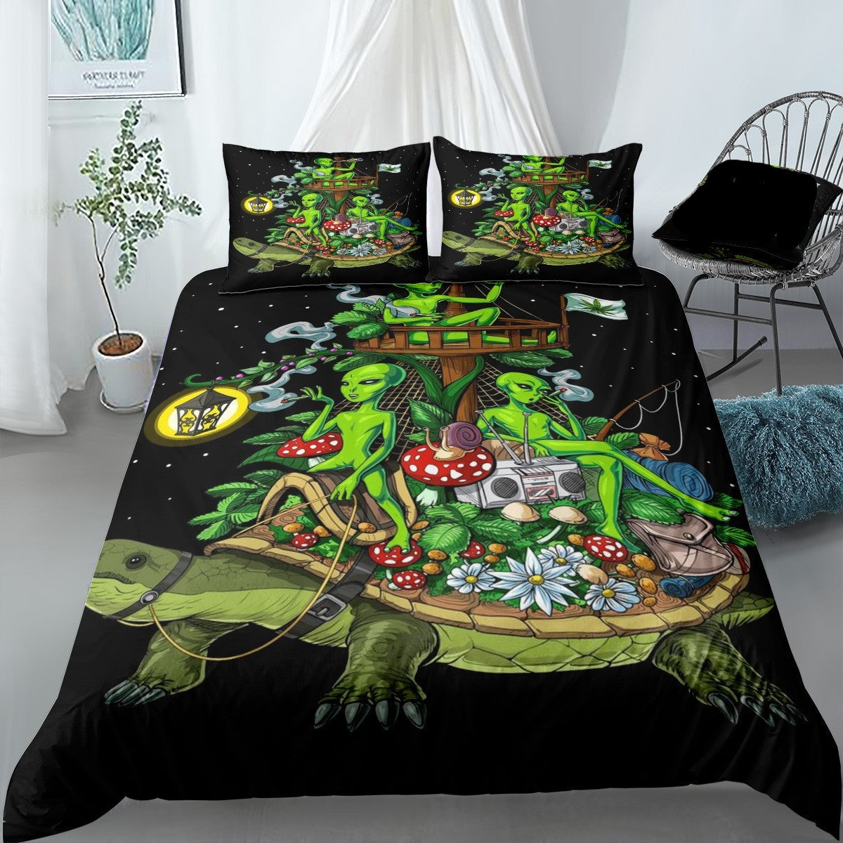 Alien Bedding Set Psychedelic Aliens Riding Turtle Duvet Covers Colorful Unique Gift