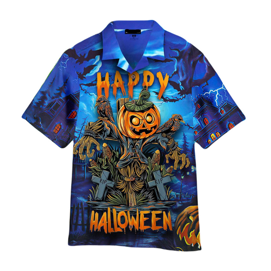 Halloween Hawaii Shirt Pumpkin Dummy Happy Halloween Hawaiian Shirt Blue Brown Unisex