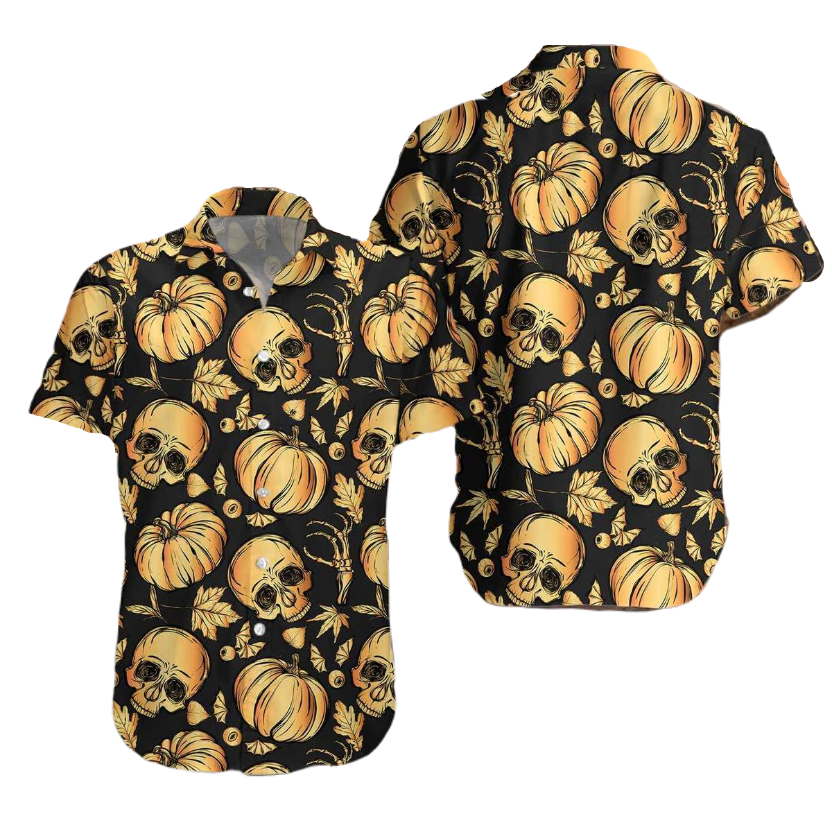 Halloween Hawaii Shirt Pumpkin Skull Halloween Leaves Pattern Hawaiian Shirt Black Orange Unisex