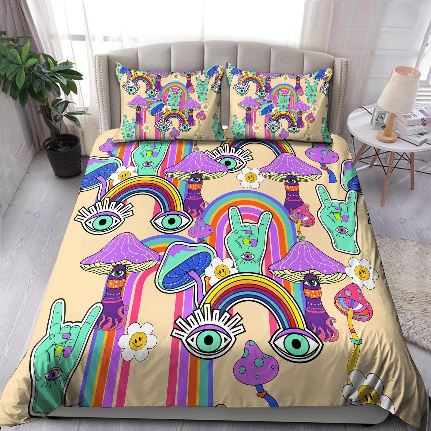 Mushroom Bedding Set Retro Psychedelic Hippie Mushroom Duvet Covers Colorful Unique Gift