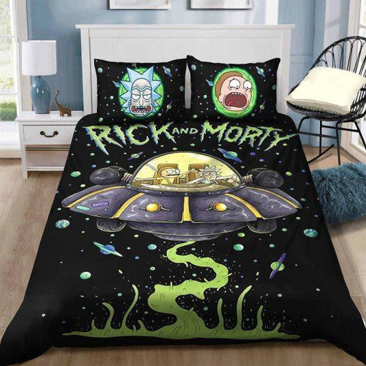 Rick And Morty Bedding Set Rick And Morty In UFO Outerspace Duvet Covers Black Green Unique Gift