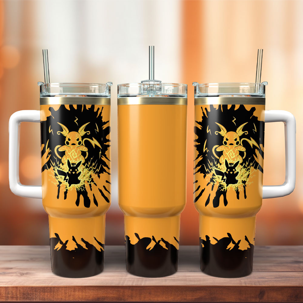 PKM 40 Oz Tumbler PKM Raichu Pikachu Silhouette Tumbler 40 Oz Black Orange