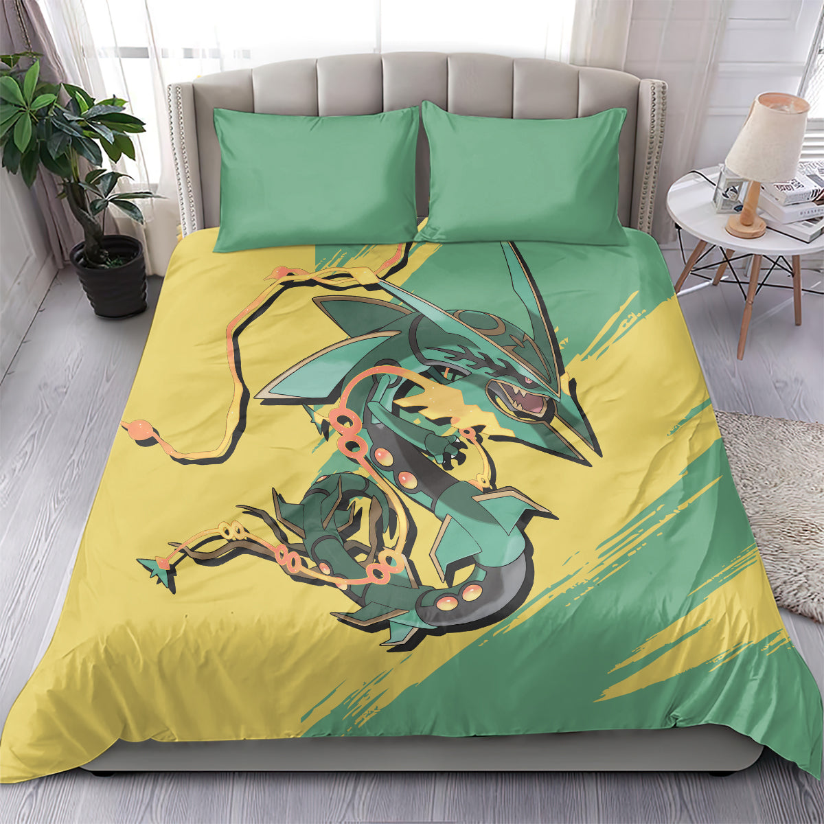 PKM Bedding Set PKM Dragon Type Rayquaza Graphic Duvet Covers Green Yellow Unique Gift