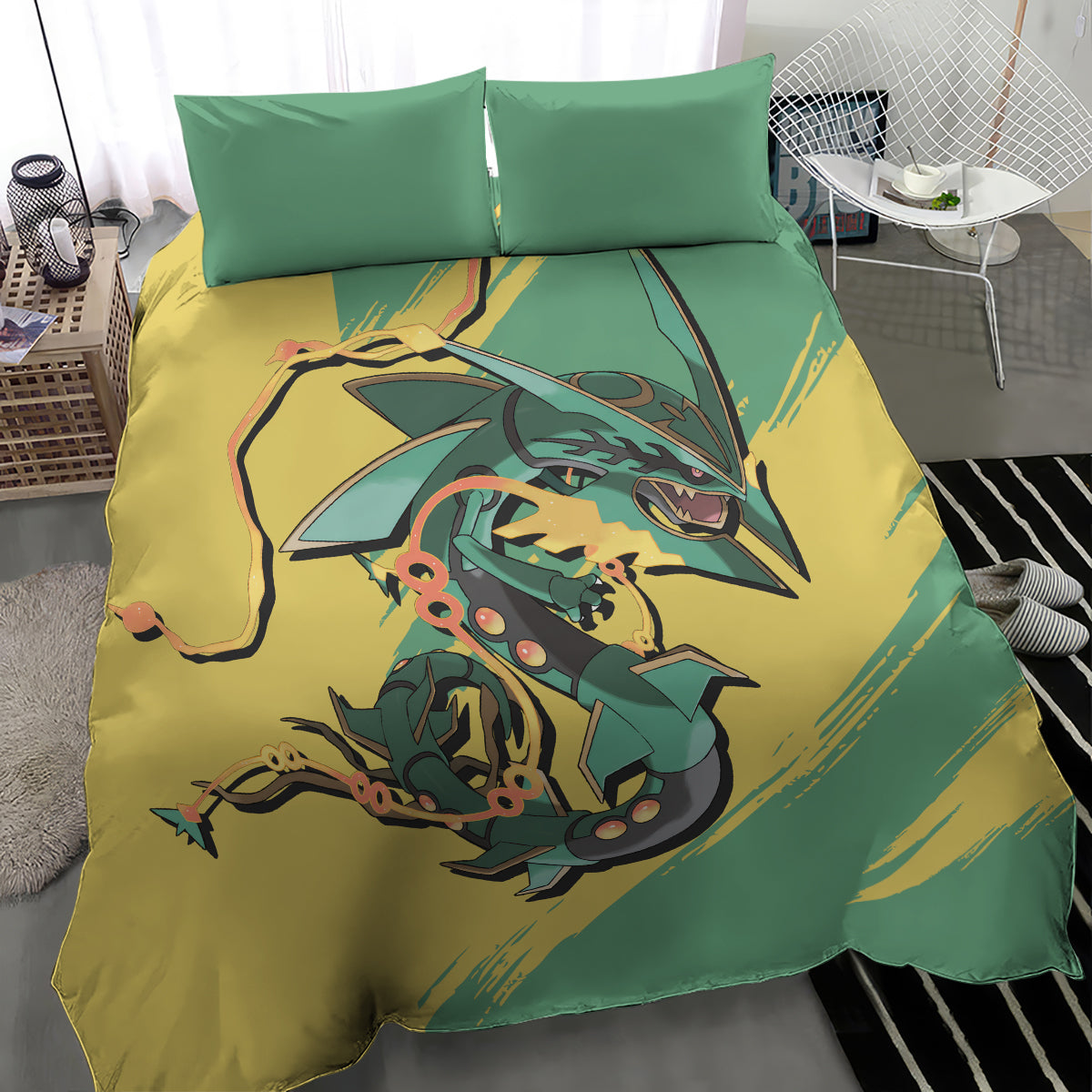 PKM Bedding Set PKM Dragon Type Rayquaza Graphic Duvet Covers Green Yellow Unique Gift