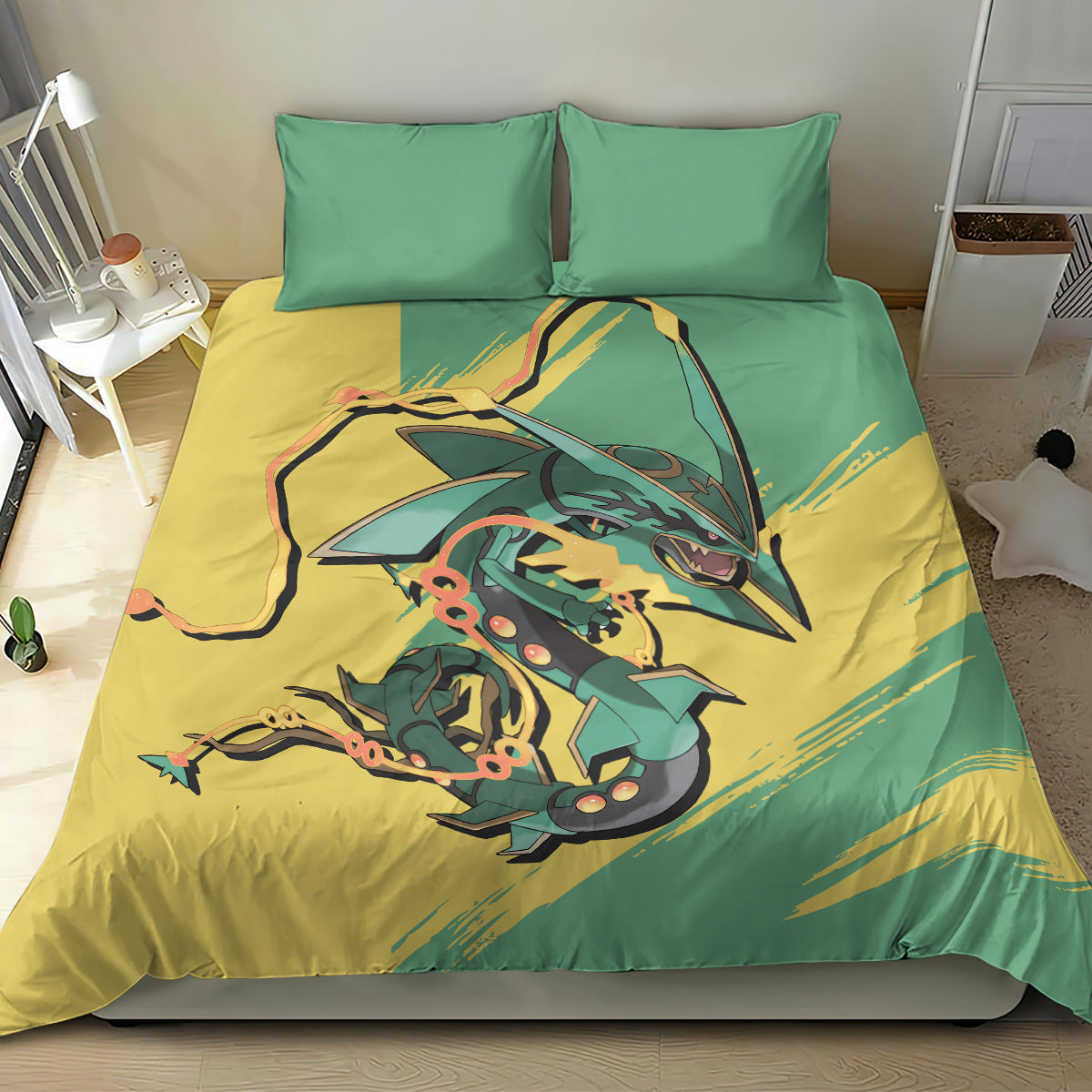 PKM Bedding Set PKM Dragon Type Rayquaza Graphic Duvet Covers Green Yellow Unique Gift