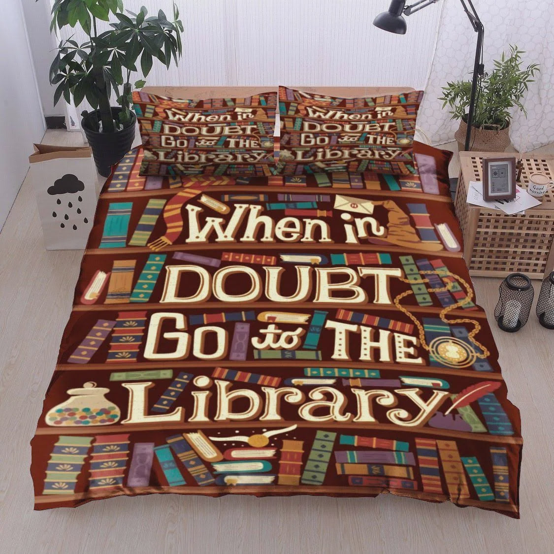 Book Bedding Set When In Doubt Go To The Library Duvet Covers Brown Unique Gift