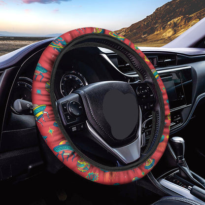 UFO Steering Wheel Cover UFO And Planet Pattern Driving Wheel Cover Red