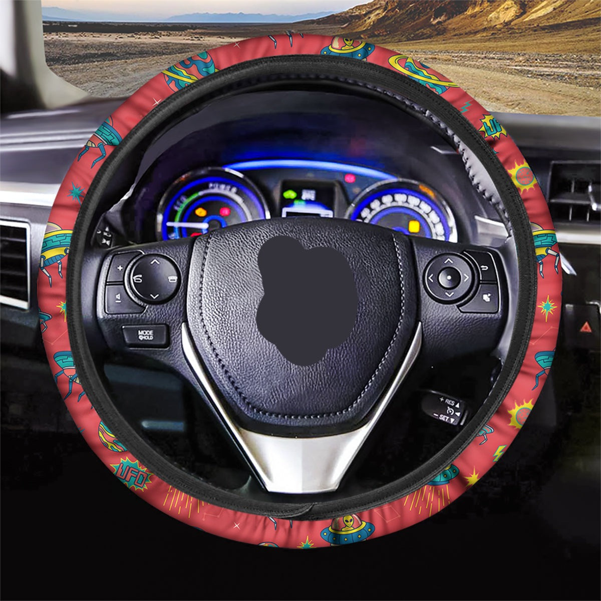 UFO Steering Wheel Cover UFO And Planet Pattern Driving Wheel Cover Red