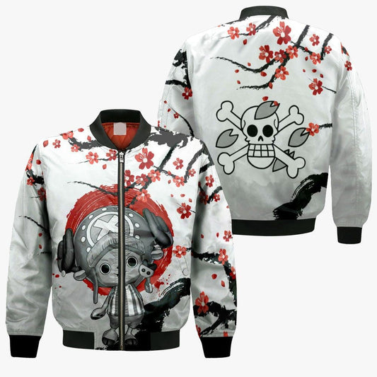 One Piece Bomber Jacket Tony Chopper Jolly Roger Symbol Bomber White Red Unisex