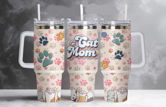 Cat 40 Oz Tumbler Cat Mom Pawprints Pattern Tumbler 40 Oz Colorful