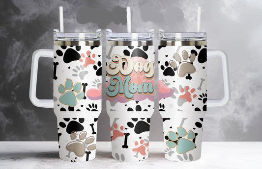 Dog 40 Oz Tumbler Dog Mom Pawprints Bones Pattern Tumbler 40 Oz Black White