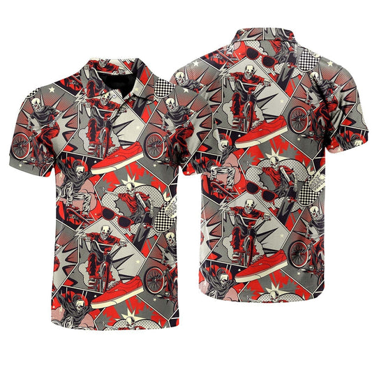 Skull Polo Shirt Retro Comic Skull Riding Bike Boys Polo Shirts Red Gray