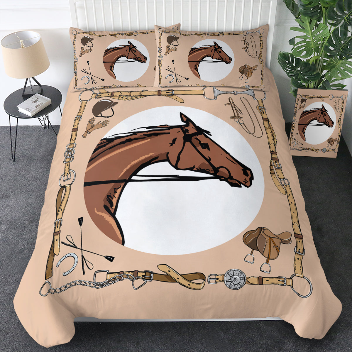Horse Bedding Set Riding Horse Accessories Pattern Duvet Covers Brown Unique Gift