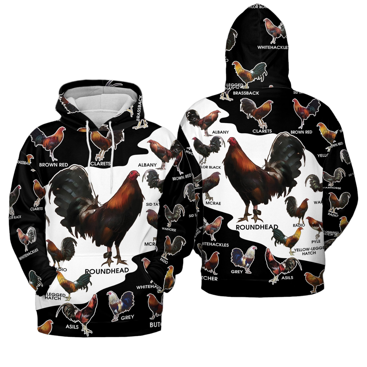 Chicken Hoodie All Type Of Rooster Breed Pattern Hoodie Black White Unisex