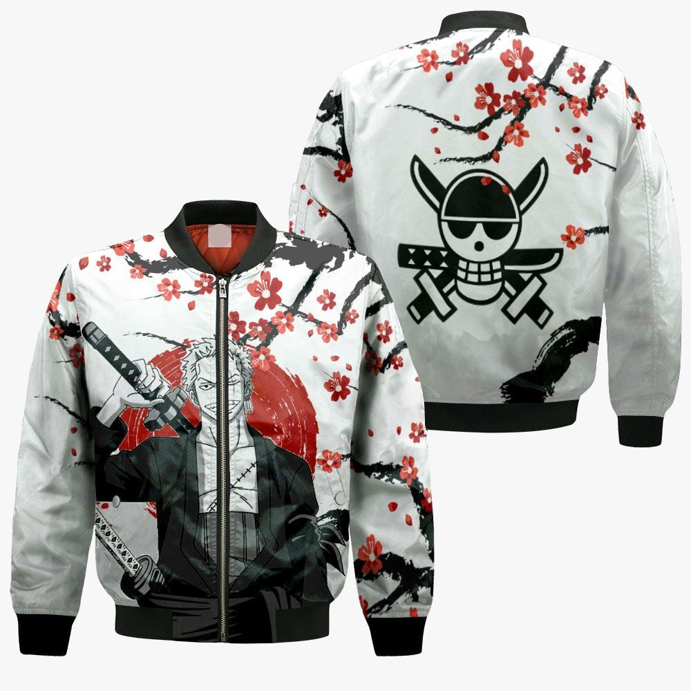 One Piece Bomber Jacket Roronoa Zoro Jolly Roger Symbol Bomber White Red Unisex