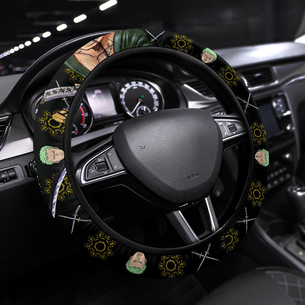 One Piece Steering Wheel Cover Zoro Face Swords Pattern Driving Wheel Cover Black