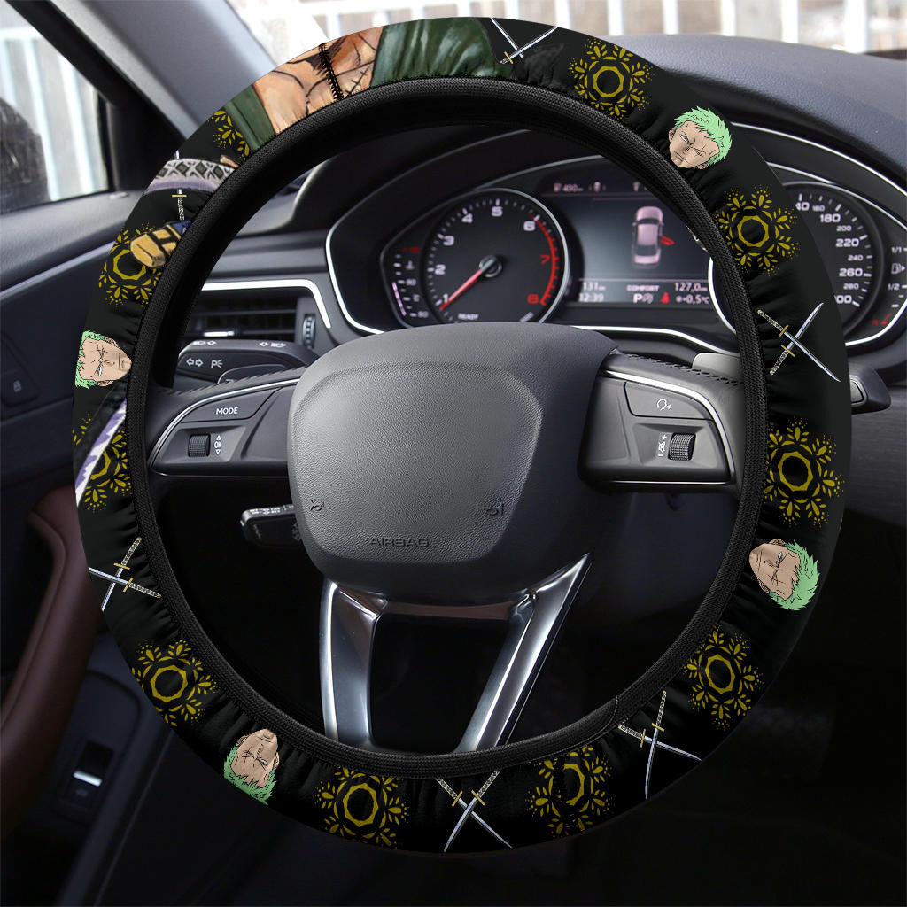 One Piece Steering Wheel Cover Zoro Face Swords Pattern Driving Wheel Cover Black