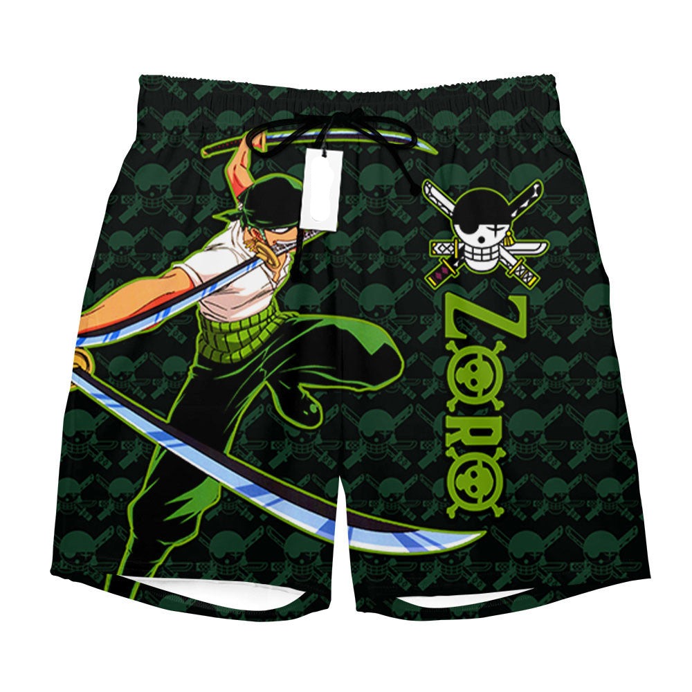 One Piece Shorts Roronoa Zoro Graphic Jolly Roger Pattern Beach Shorts Black Green