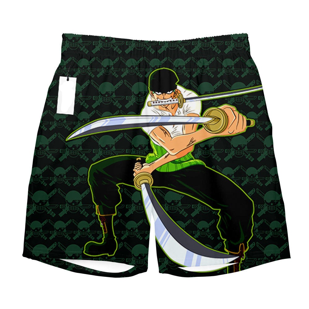 One Piece Shorts Roronoa Zoro Graphic Jolly Roger Pattern Beach Shorts Black Green