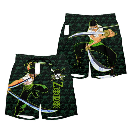 One Piece Shorts Roronoa Zoro Graphic Jolly Roger Pattern Beach Shorts Black Green