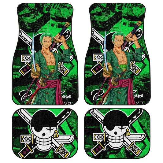 One Piece Car Mats Zoro Manga Pattern Jolly Roger Symbol Car Floor Mats Green