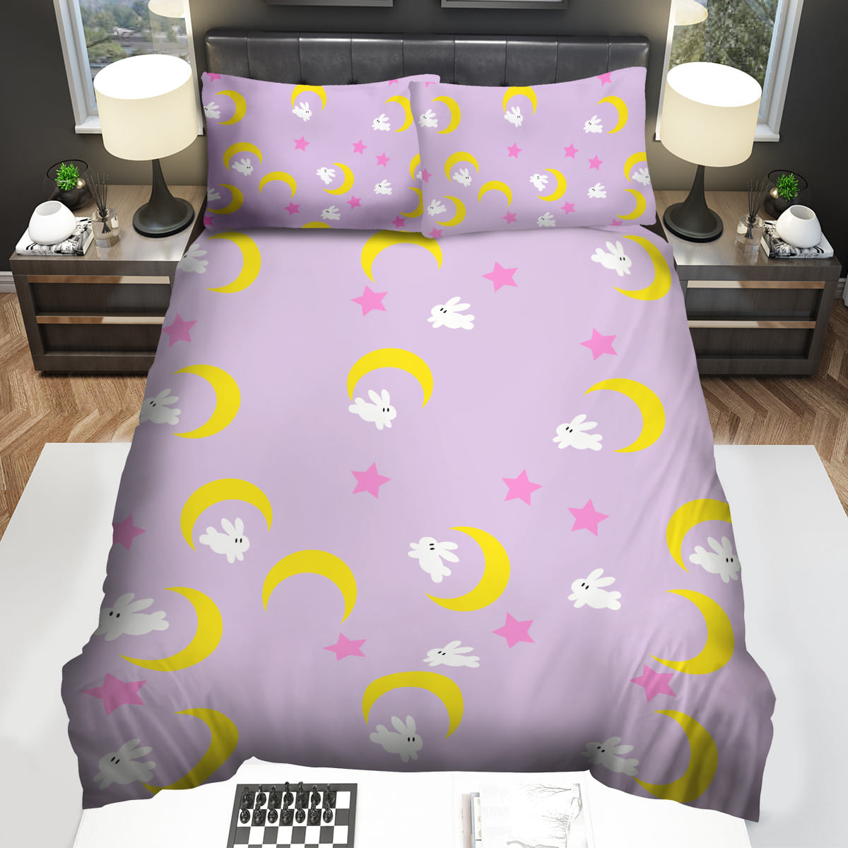 Sailor Moon Bedding Set Sailor Moon White Bunny And New Moon Pattern Duvet Covers Purple Unique Gift