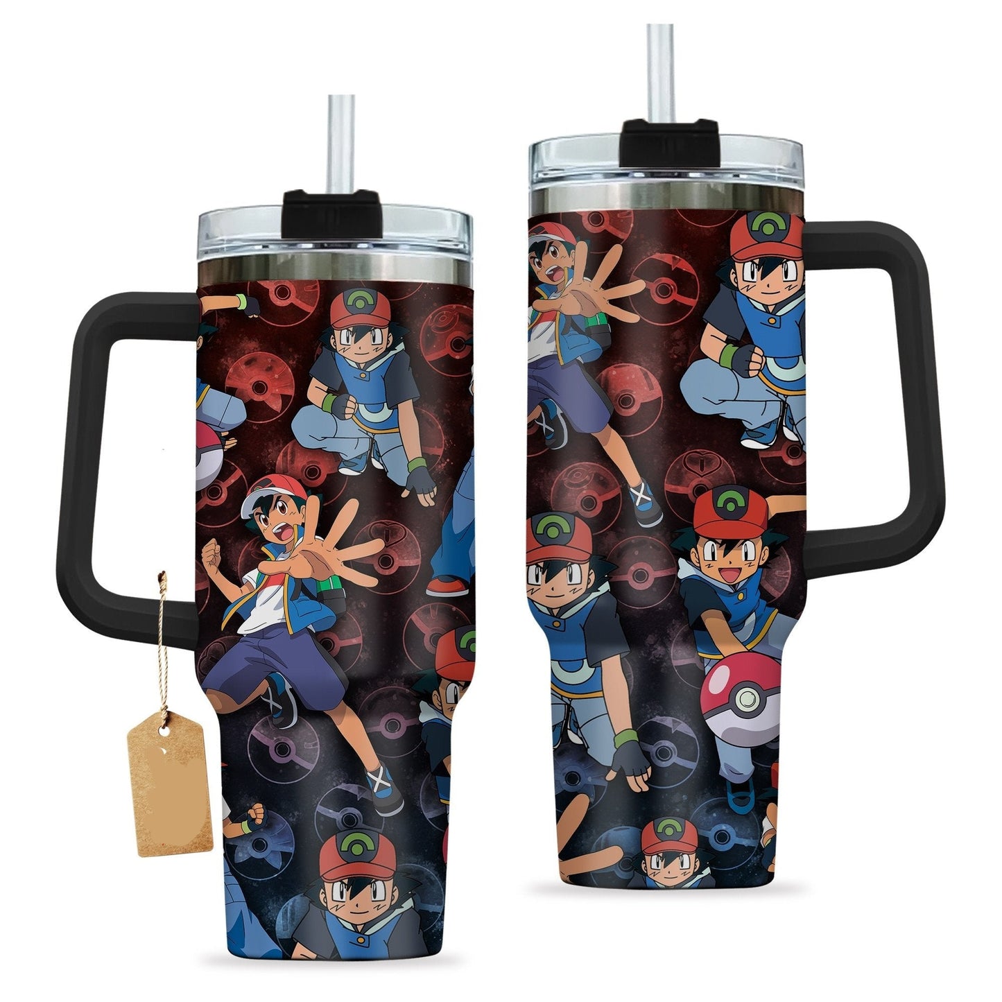 PKM 40 Oz Tumbler PKM Trainer Satoshi Ash Ketchum Pokeball Pattern Tumbler 40 Oz Blue Red