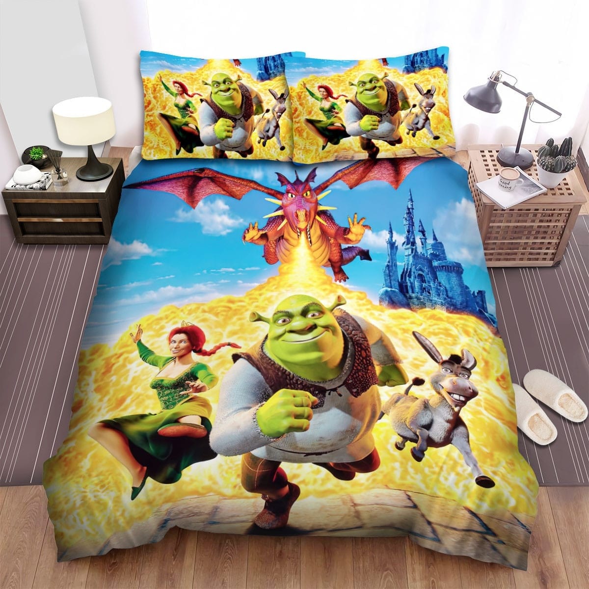 Shrek Bedding Set Shrek Fiona And Donkey Running From Dragon Duvet Covers Colorful Unique Gift