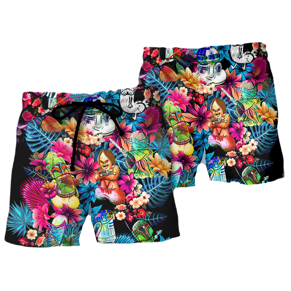 SW Shorts SW Chewbacca R2 D2 Tropical Flower Beach Shorts Colorful