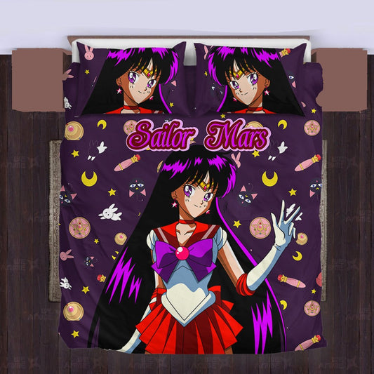 Sailor Moon Bedding Set Sailor Mars Cute Items Pattern Duvet Covers Purple Unique Gift