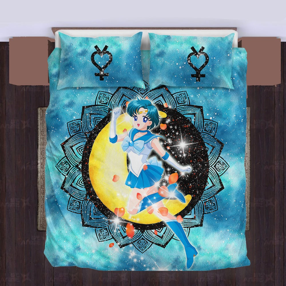 Sailor Moon Bedding Set Sailor Mercury Henna Flower Pattern Duvet Covers Blue Unique Gift