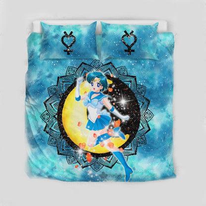 Sailor Moon Bedding Set Sailor Mercury Henna Flower Pattern Duvet Covers Blue Unique Gift