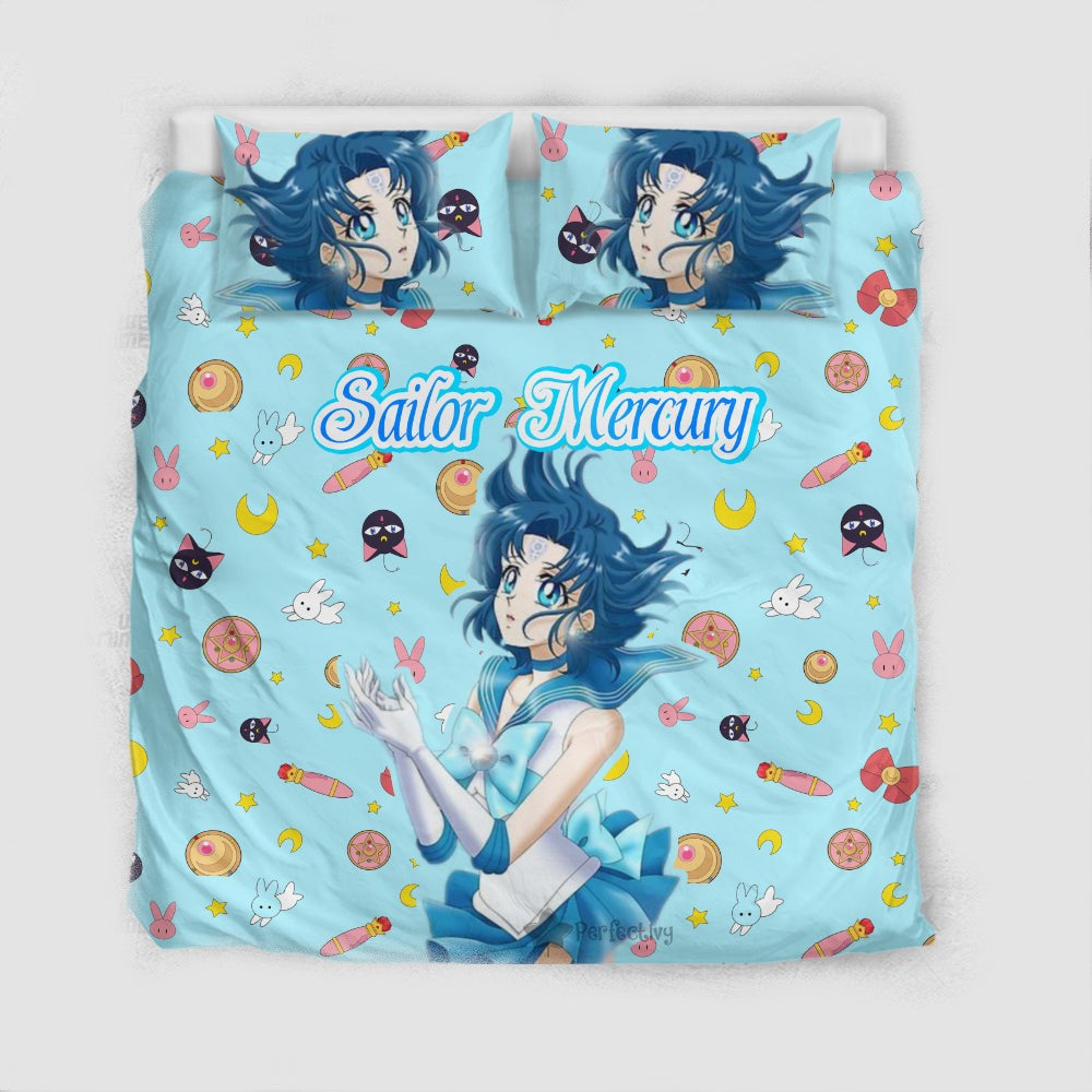 Sailor Moon Bedding Set Sailor Mercury Cute Items Pattern Duvet Covers Blue Unique Gift