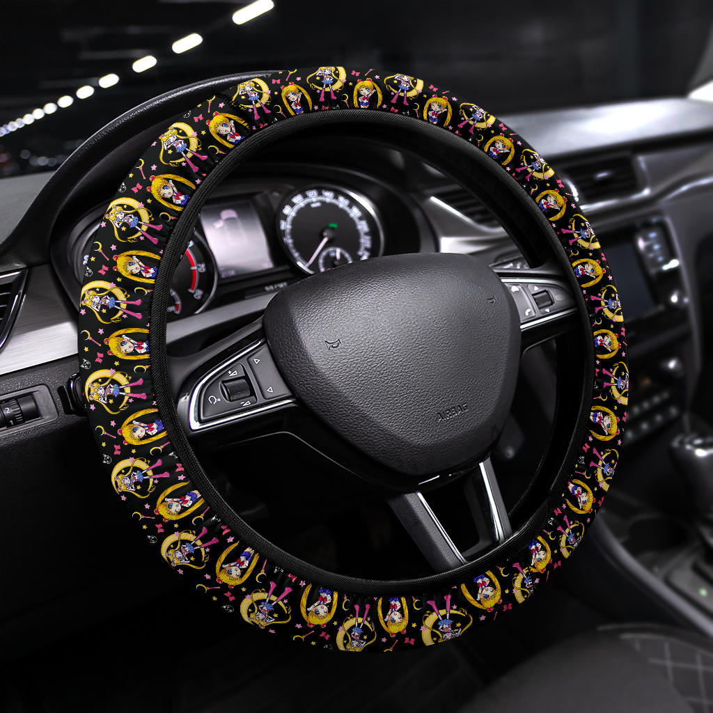 Sailor Moon Steering Wheel Cover Chibi Style Sailor Moon Pattern Driving Wheel Cover Black