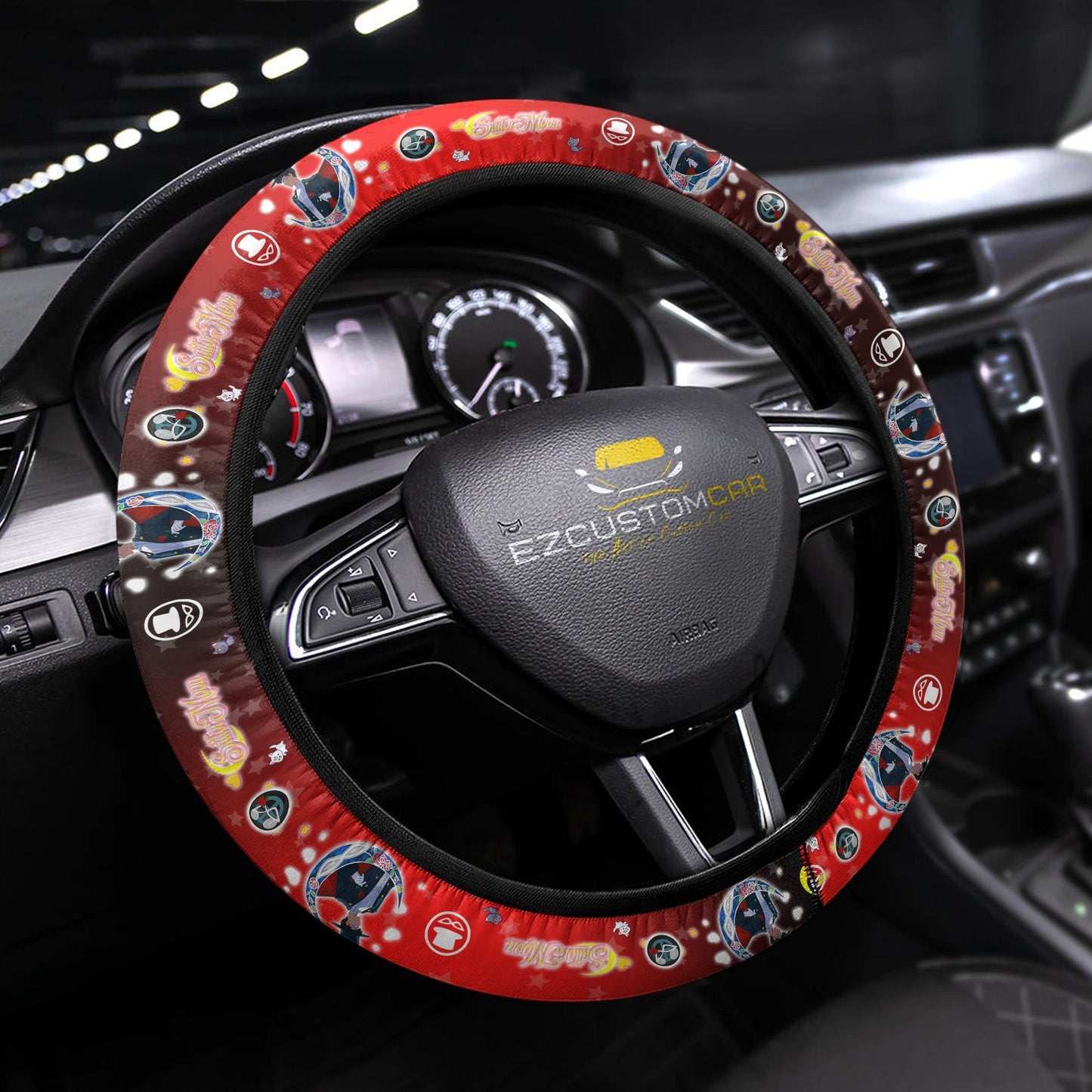 Sailor Moon Steering Wheel Cover Tuxedo Symbol Mamoru Pattern Driving Wheel Cover Red Black