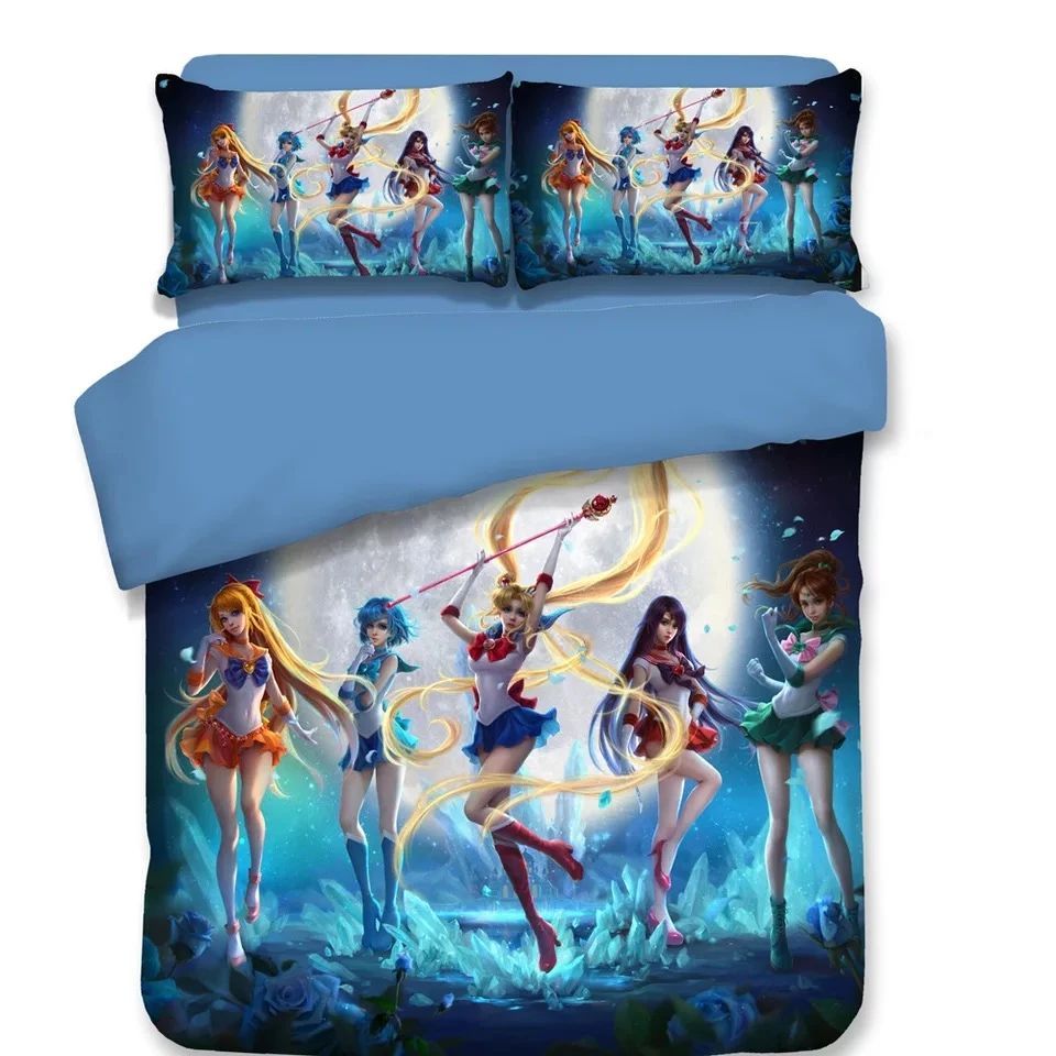 Sailor Moon Bedding Set Sailor Moon Team Fighting Pose Duvet Covers Blue Unique Gift