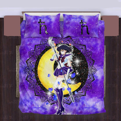 Sailor Moon Bedding Set Sailor Saturn Henna Flower Pattern Duvet Covers Purple Unique Gift