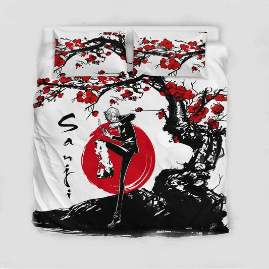 One Piece Bedding Set Vinsmoke Sanji Cherry Blossom Graphic Duvet Covers Black White Unique Gift