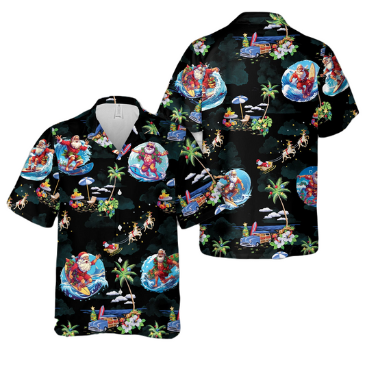 Christmas Hawaii Shirt Santa Claus Surfing Christmas Pattern Hawaiian Shirt Black Unisex