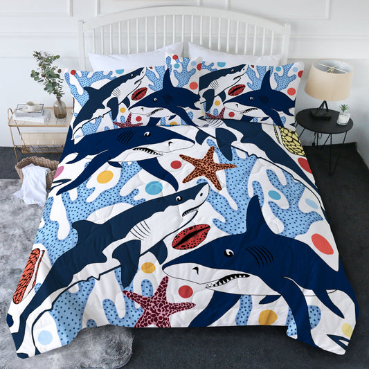 Shark Bedding Set Shark Starfish Coral Pattern Duvet Covers White Blue Unique Gift