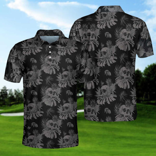 Skull Polo Shirt Skull Goth Tropical Leaves Pattern Boys Polo Shirts Black