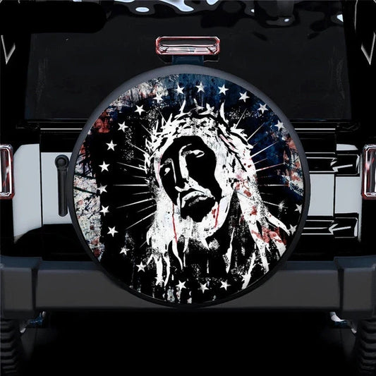 Jesus Spare Tire Cover Jesus Crown Of Thorn Silhouette Star Pattern Tire Covers Black White