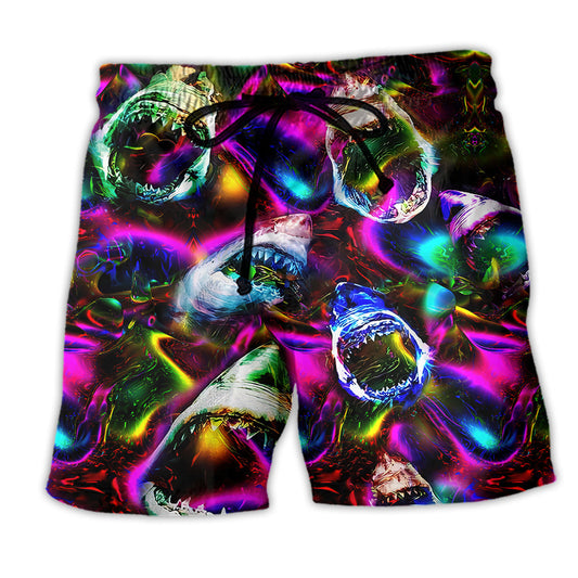 Shark Shorts Neon Light Angry Shark Pattern Beach Shorts Colorful