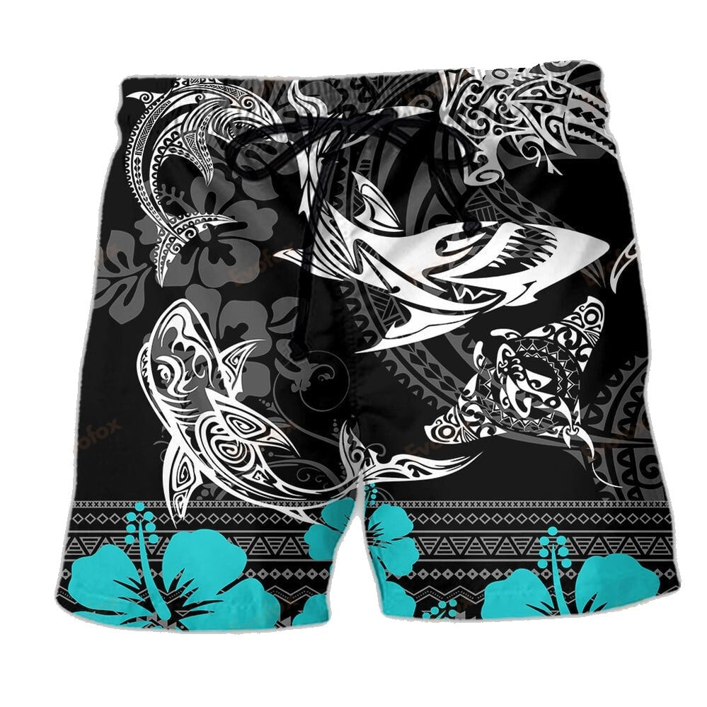 Shark Shorts Maori Shark Tribal Pattern Beach Shorts Black