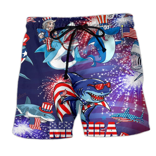 Shark Shorts Shark Merica Independence Day Beach Shorts Red Blue